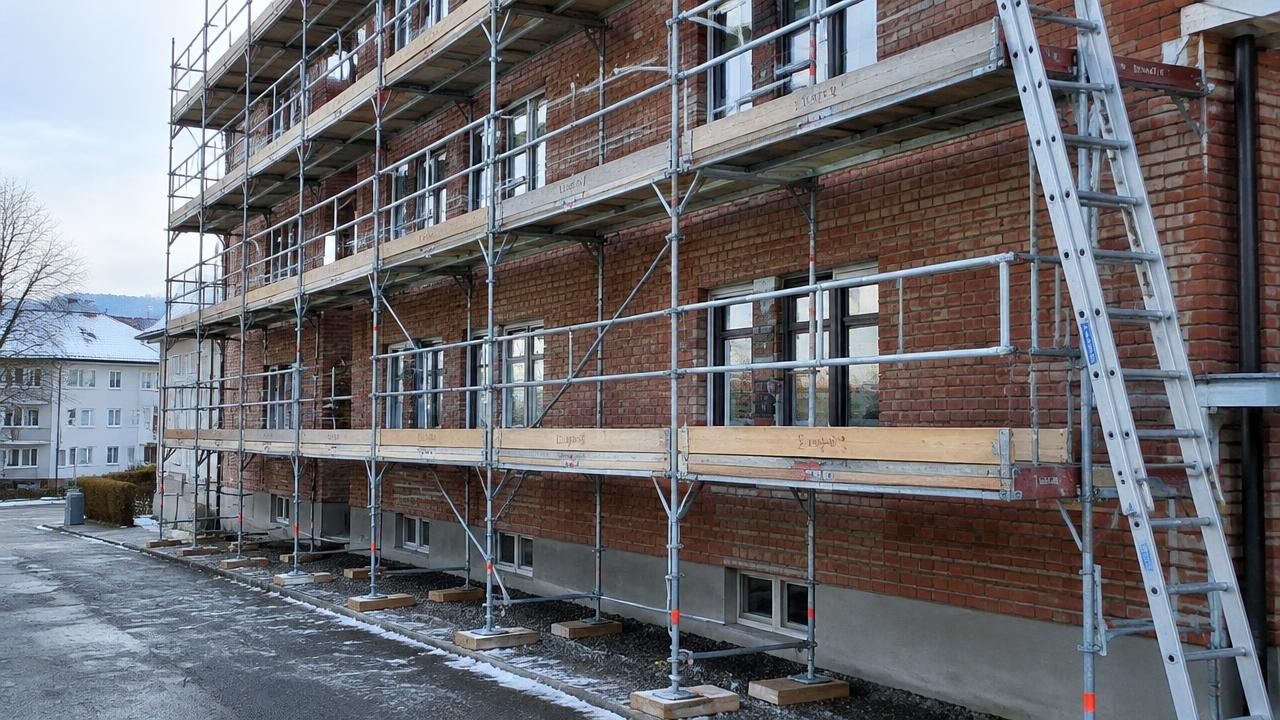Ferdig montert stillas langs murbygning i Trondheim med sikret stige